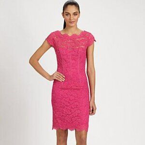 NWT Monique Lhuillier hot pink lace evening or cocktail sheath dress  size 2
